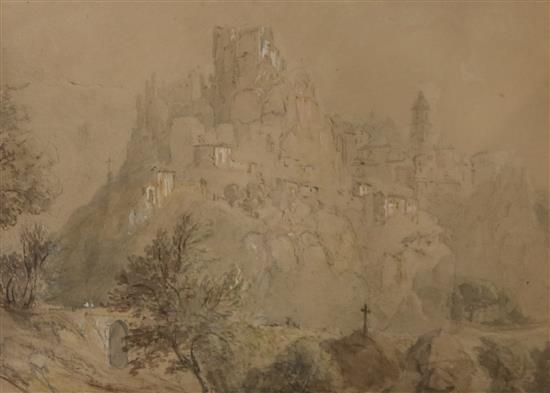 19th century English School, pencil and watercolour, view of an Italian hill top town, 21 x 29cm